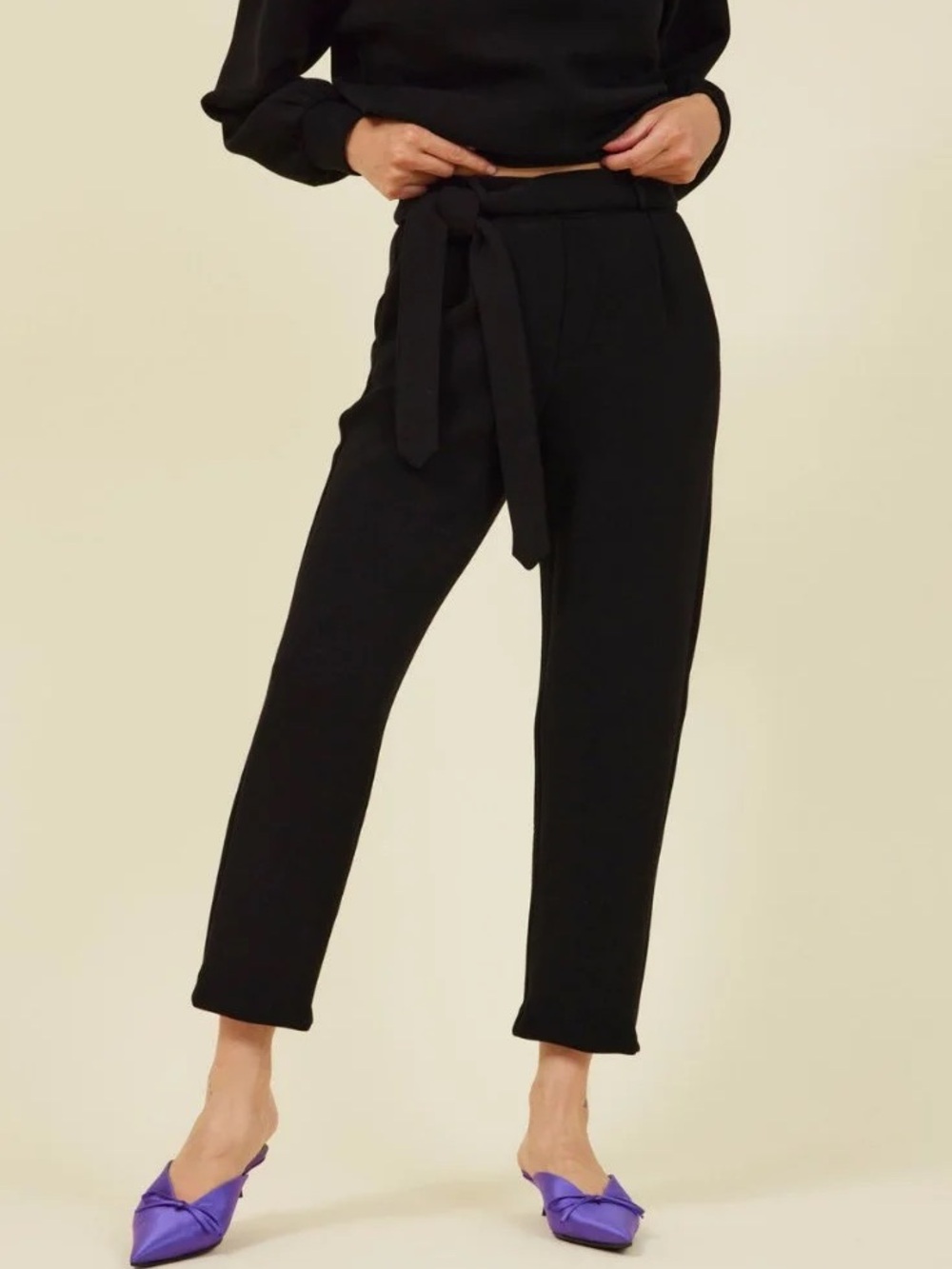 Leze the Label Haven Pants- Women's High-Waist Tie-Belt Pants - Black Small